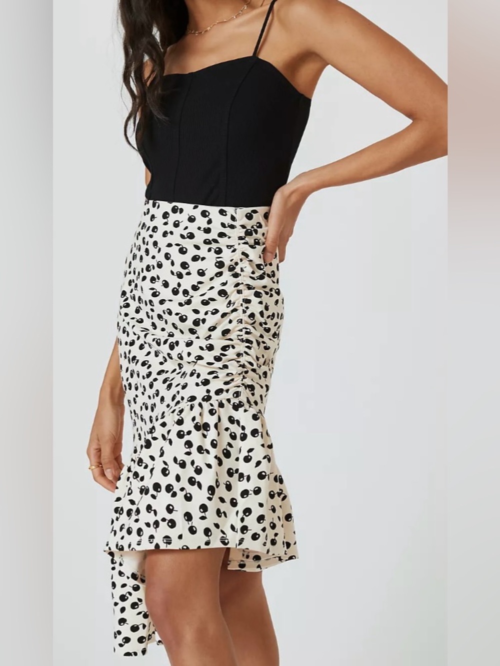 Anthropologie Maeve Slim Flounced Cream & Black Asymmetrical Cherry Skirt-Size S